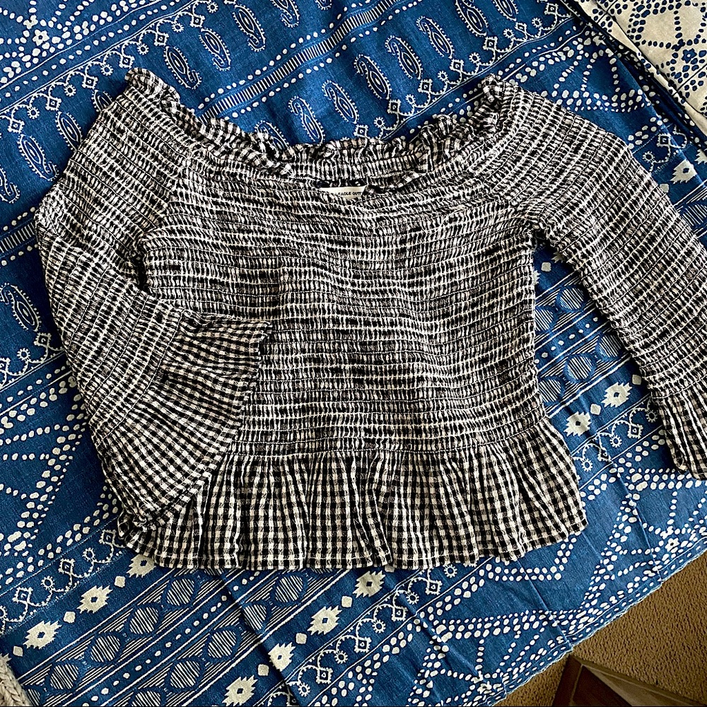 American Eagle - Gingham Black and White Peplum Top